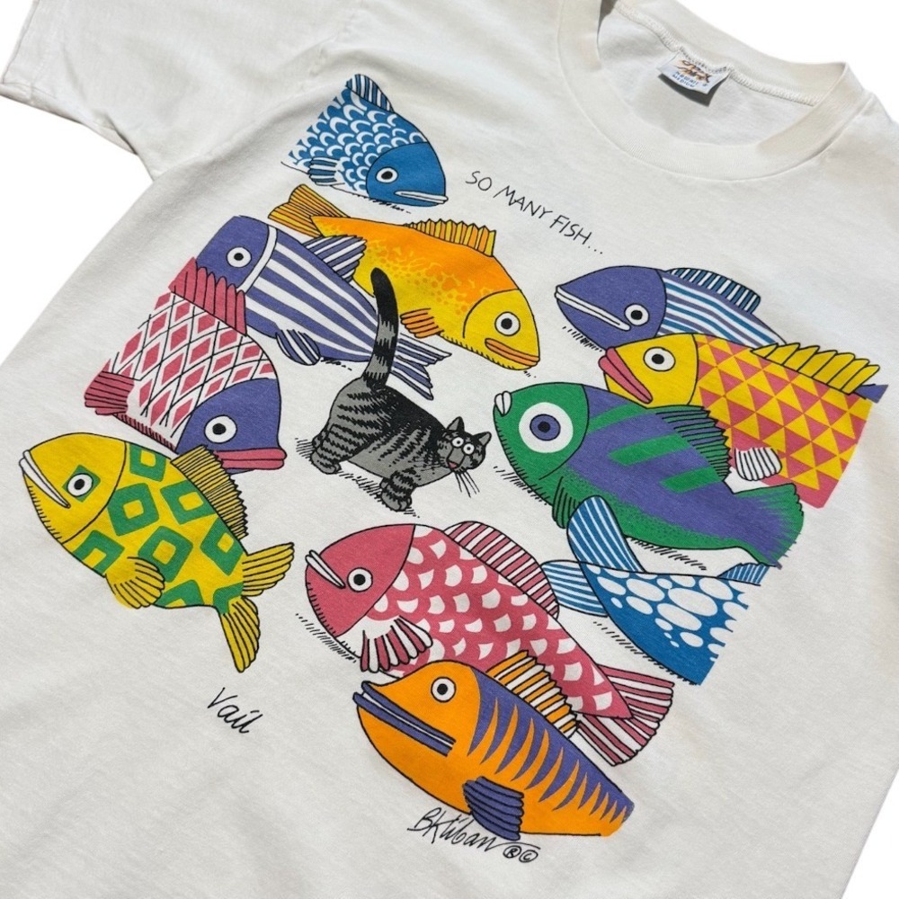 Vintage 90s Crazy Shirts B. Kliban Cat So Many Fish Nature Art Graphic T-shirt - Picture 3 of 9